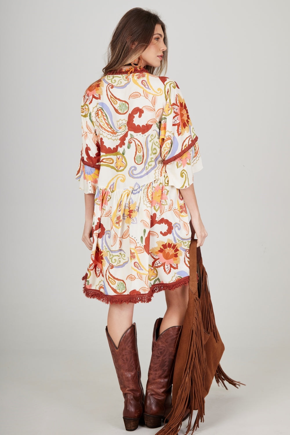 Yacamim E5 Paisley Beige Fringe Open Short Dress