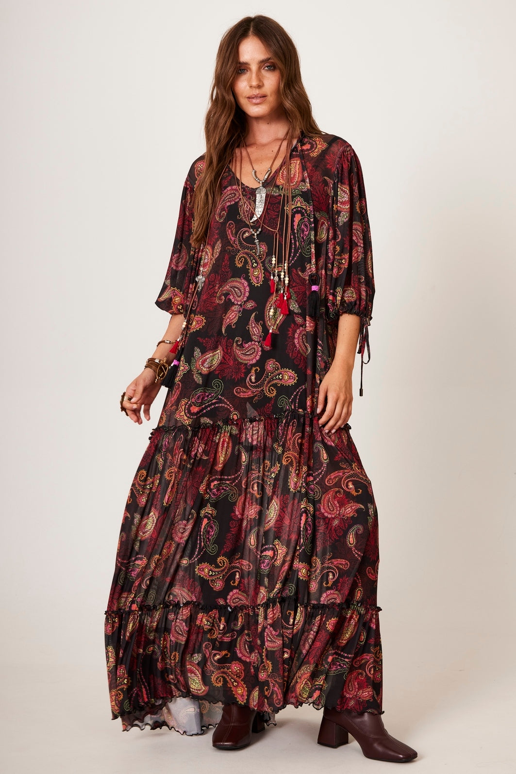 Yacamim E6 Black Tulle Long Dress with Cashmere Print
