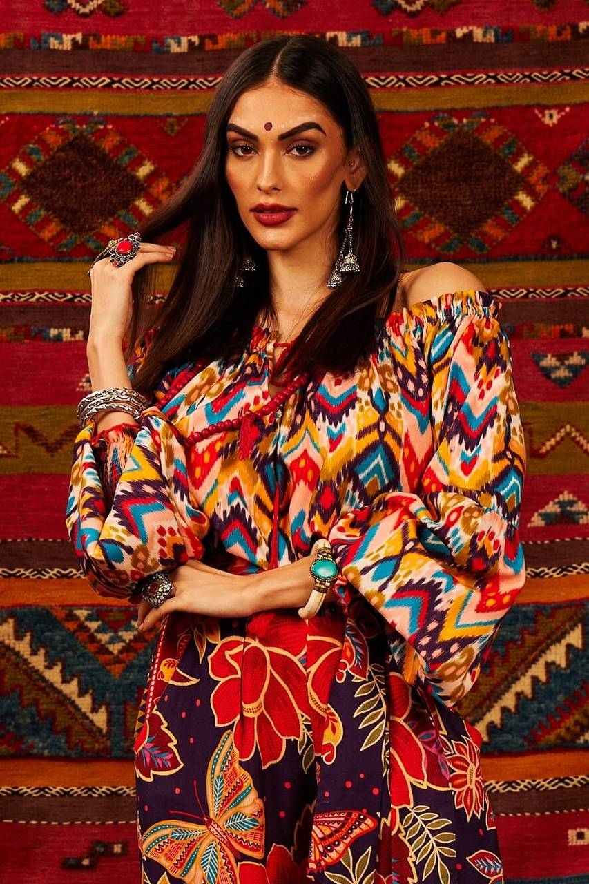 Yacamim Printed Peasant Blouse With Long Puffed Sleeves