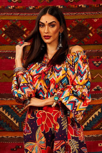 Yacamim Printed Peasant Blouse With Long Puffed Sleeves