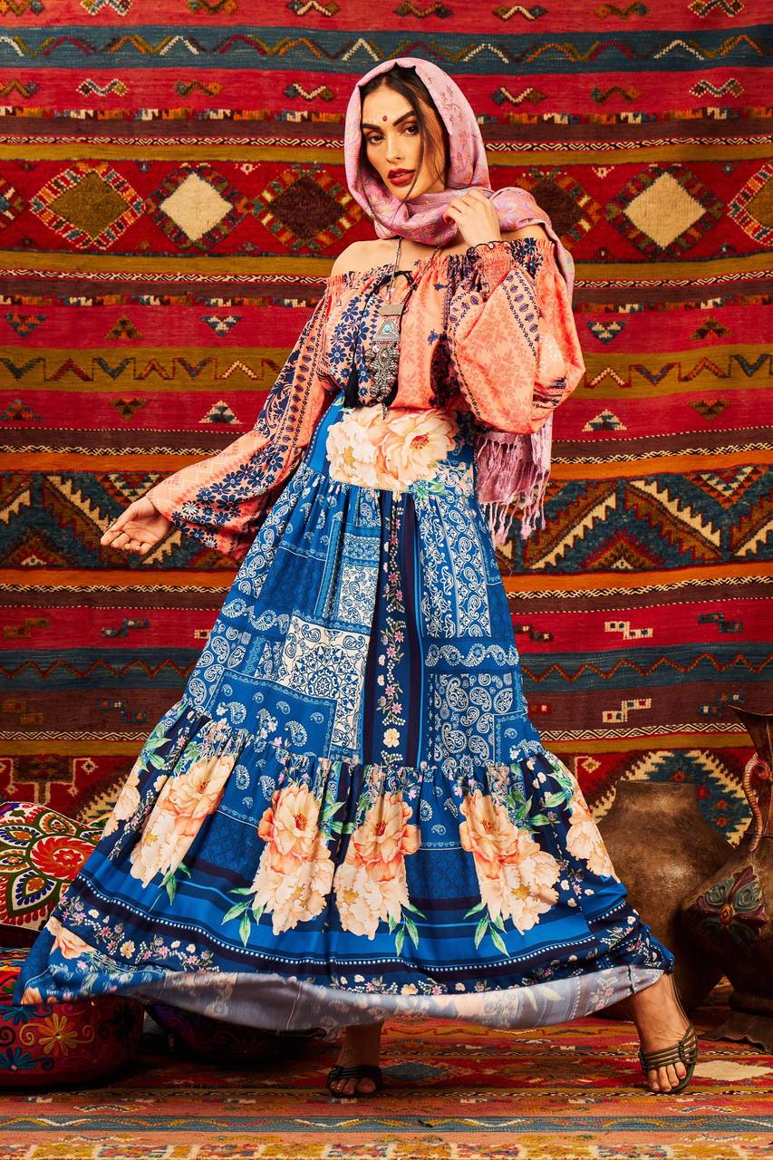 Yacamim G2 Blue Printed High-Waisted Long Skirt