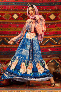 Yacamim G2 Blue Printed High-Waisted Long Skirt