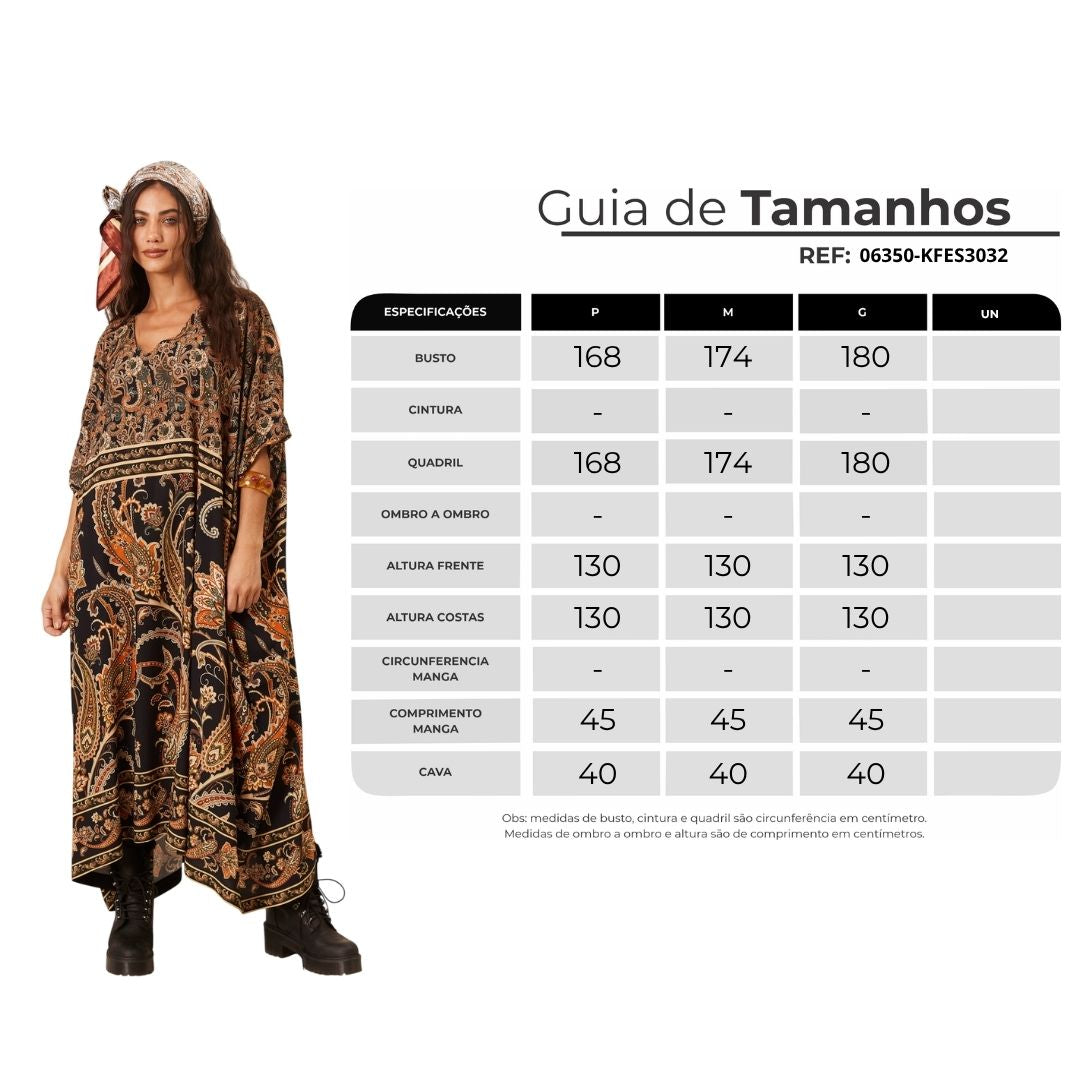 Kaftan Amplo Midi Preto Estampa Paisley Yacamim J10
