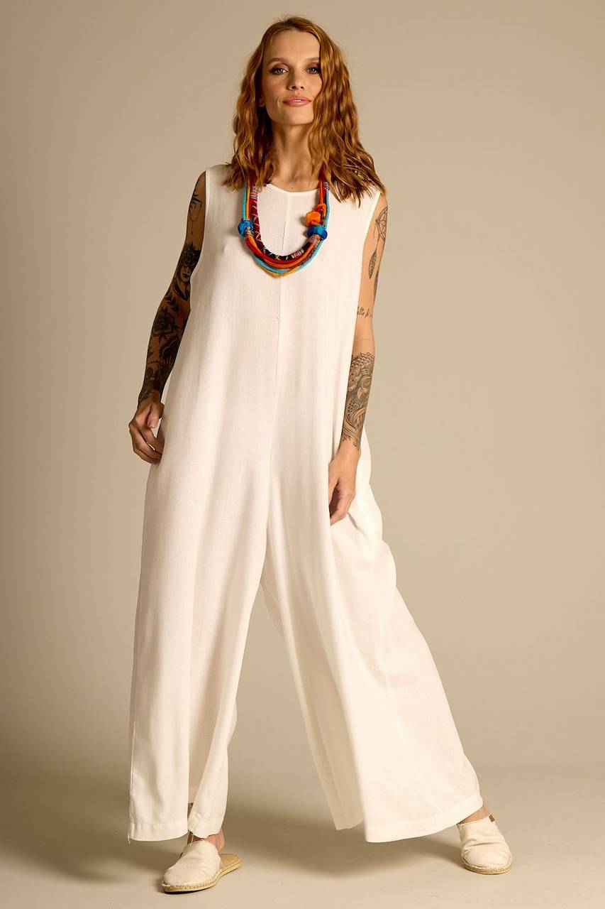 Yacamim White Linen Sleeveless Jumpsuit
