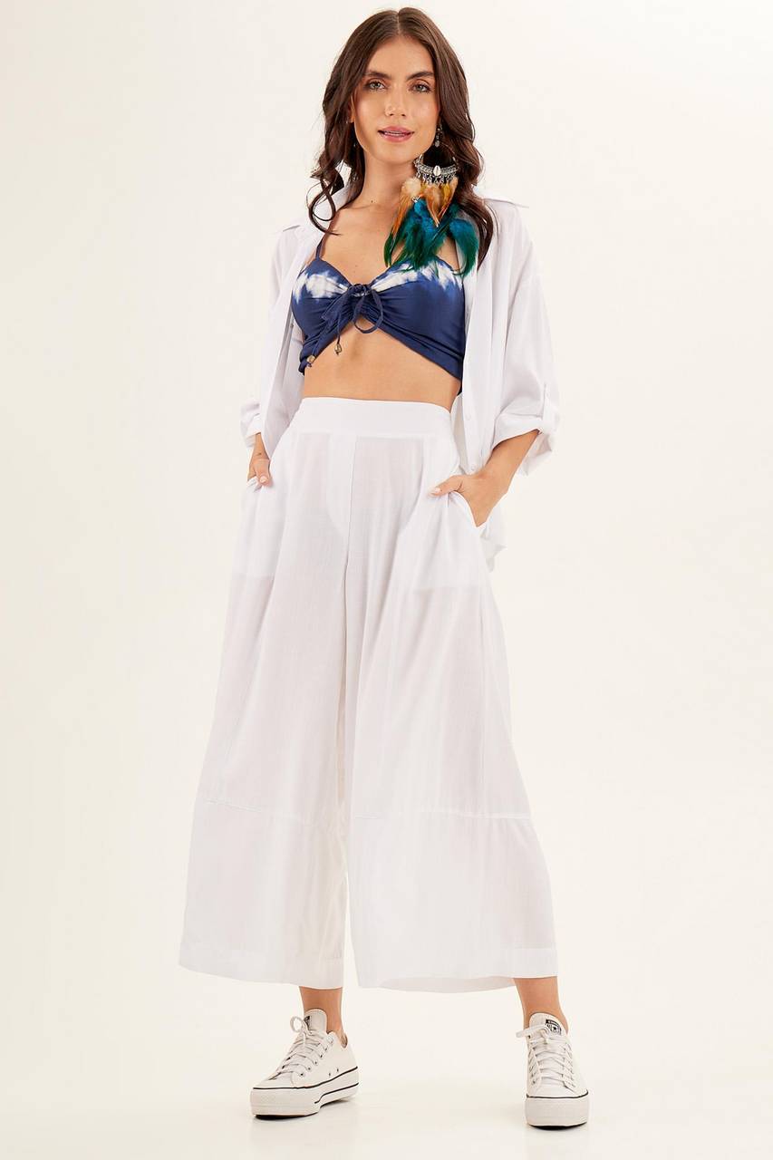 Yacamim Women's White Transparent Pantacourt Trousers with Pockets H7