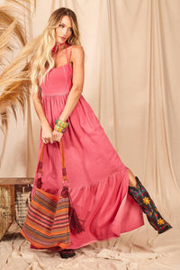 Yacamim Pink Linen Long Dress with Tie Straps