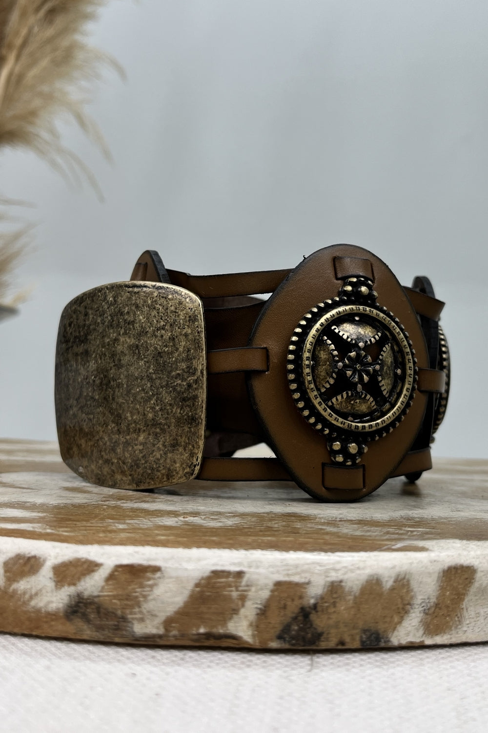 Yacamim Brown Leather Belt with Buckle and Antique Gold Details #220