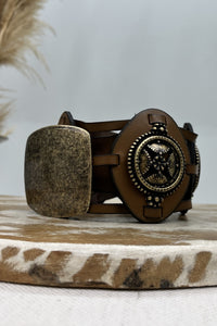 Yacamim Brown Leather Belt with Buckle and Antique Gold Details #220