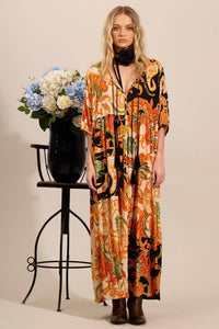 Yacamim Patchwork Print Orange 3/4 Sleeve Midi Dress