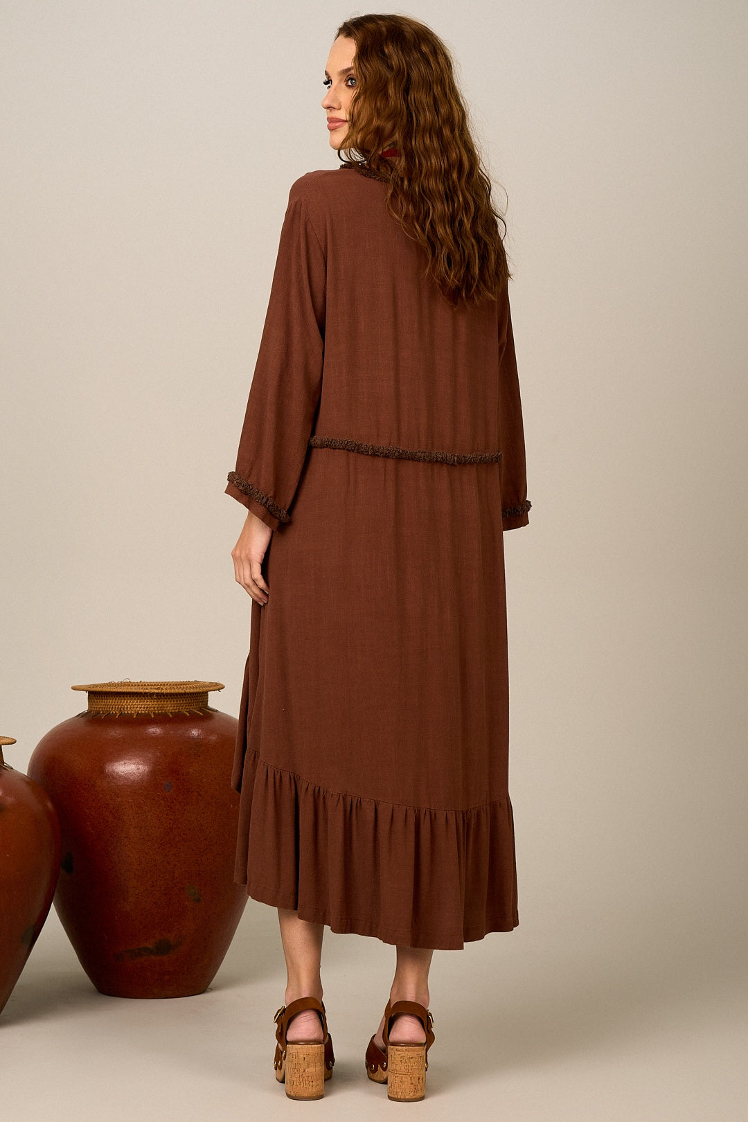 Yacamim E16 Dark Brown Viscose Linen Ruffled Midi Dress
