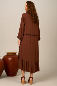 Yacamim E16 Dark Brown Viscose Linen Ruffled Midi Dress
