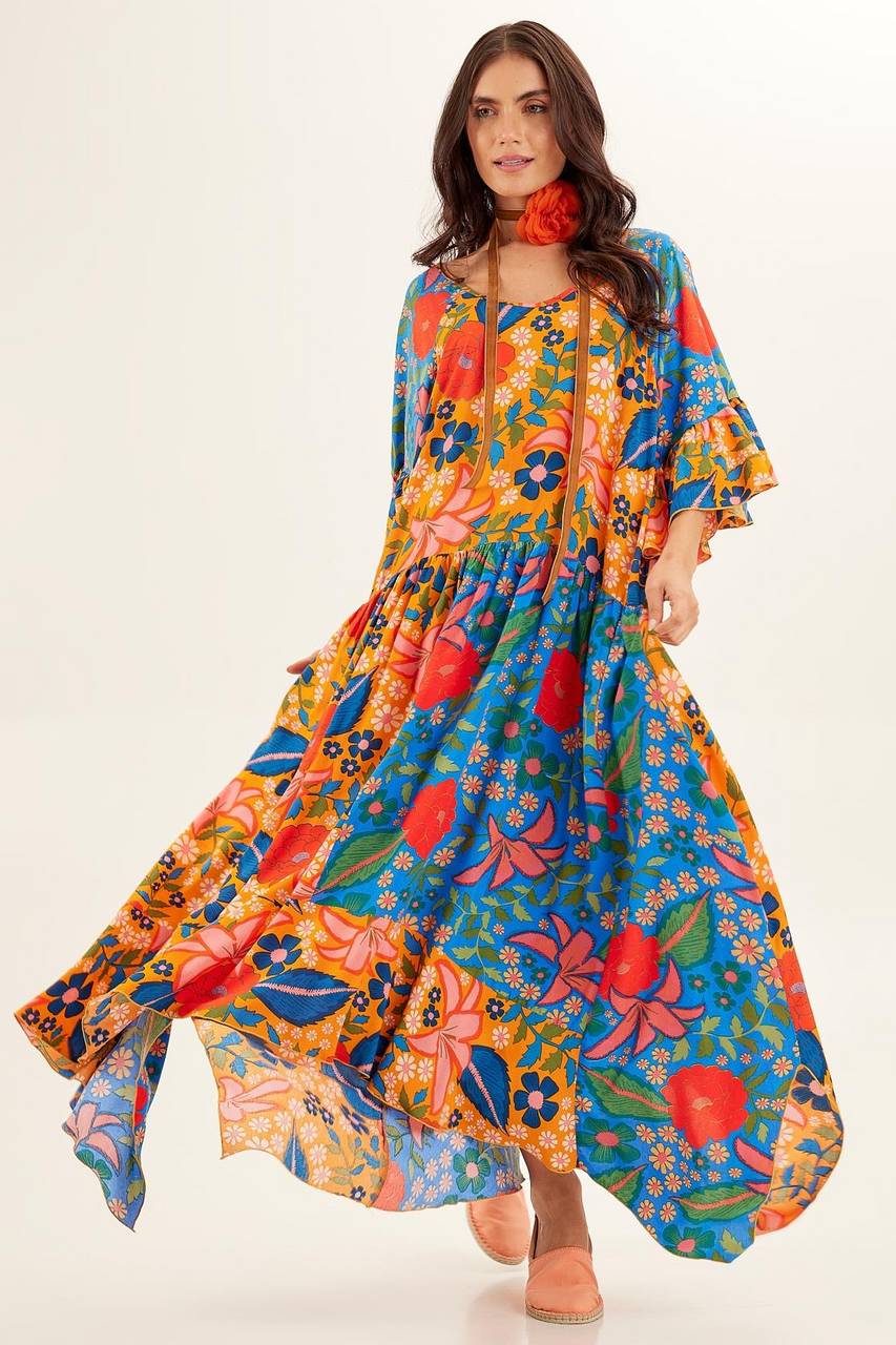 Yacamim Yellow and Blue Patchwork Long Dress with Round Neck