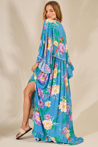 Yacamim Light Blue Printed Flare Long Sleeve Long Dress