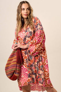 Pink Patchwork Yacamim Short Chemise Dress with Long Sleeves