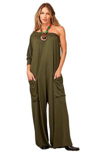 Yacamim Dark Green One-Shoulder Wide-Leg Jumpsuit with Pockets