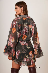 Camisa Ampla De Tule Preto Estampa Floral Cashmere Yacamim A9
