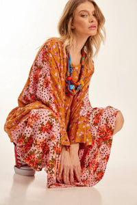 Yacamim Orange Patchwork Long-Sleeved Batwing Long Dress