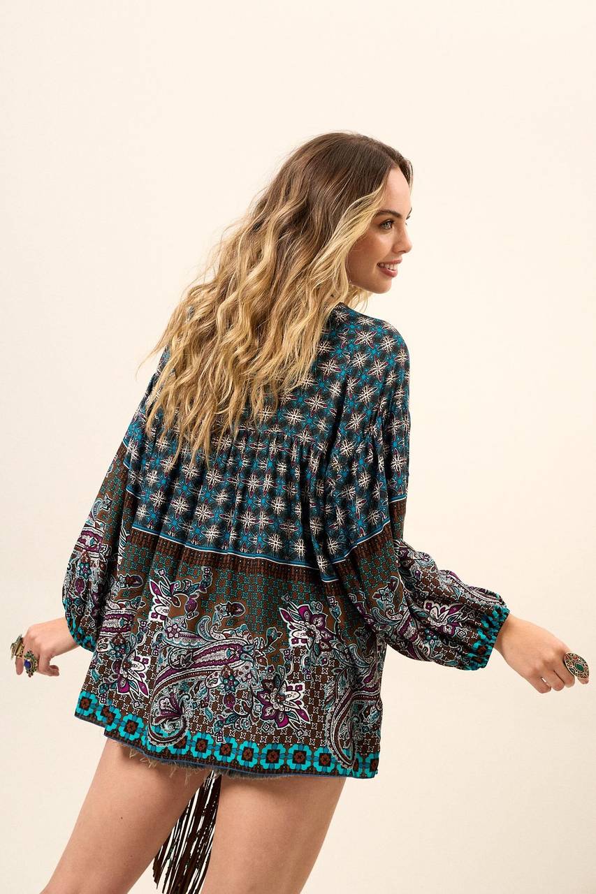Yacamim Loose Robe with Long Billowy Sleeves and Cashmere Print B2