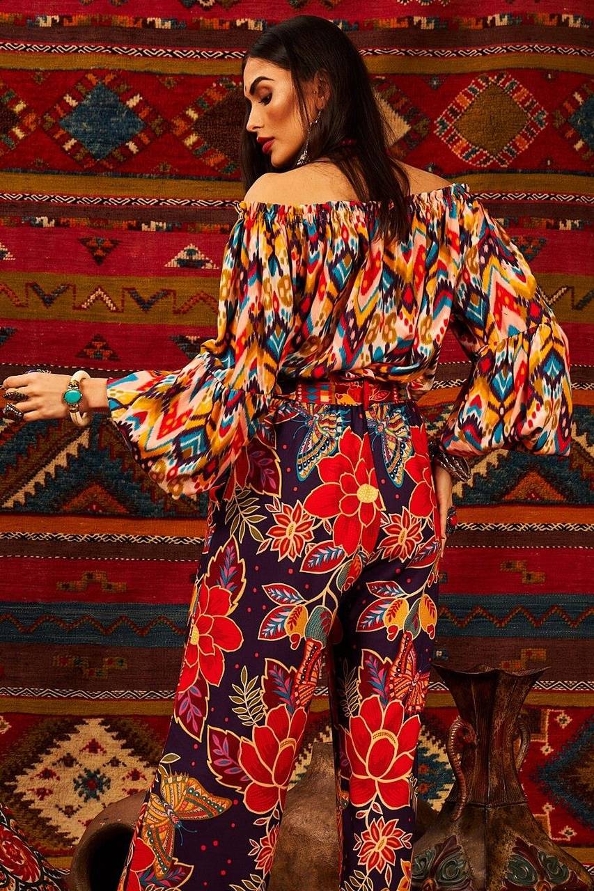 Yacamim Printed Peasant Blouse With Long Puffed Sleeves