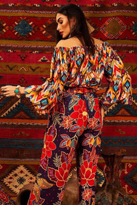 Yacamim Printed Peasant Blouse With Long Puffed Sleeves