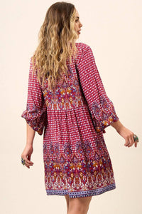 Yacamim Printed Burgundy Short Dress with Puff Long Sleeves