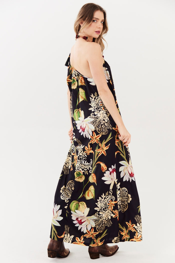 Yacamim E20 Printed Black Halter Neck Maxi Dress