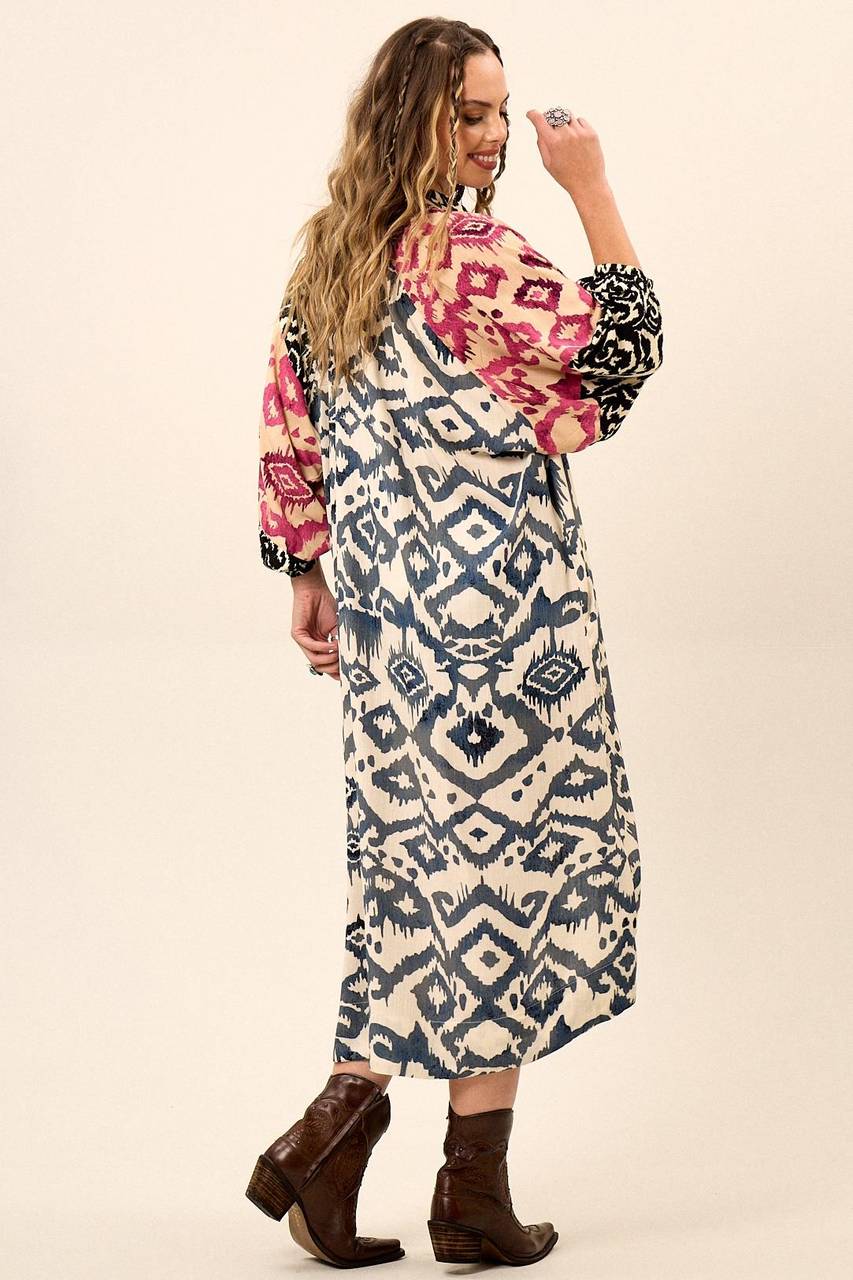 Yacamim Patchwork Print Off-White 3/4 Sleeve Loose Shirt