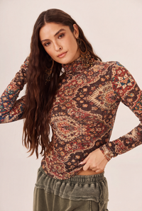 Yacamim B2 Ribbed High-Neck Burgundy Printed Blouse