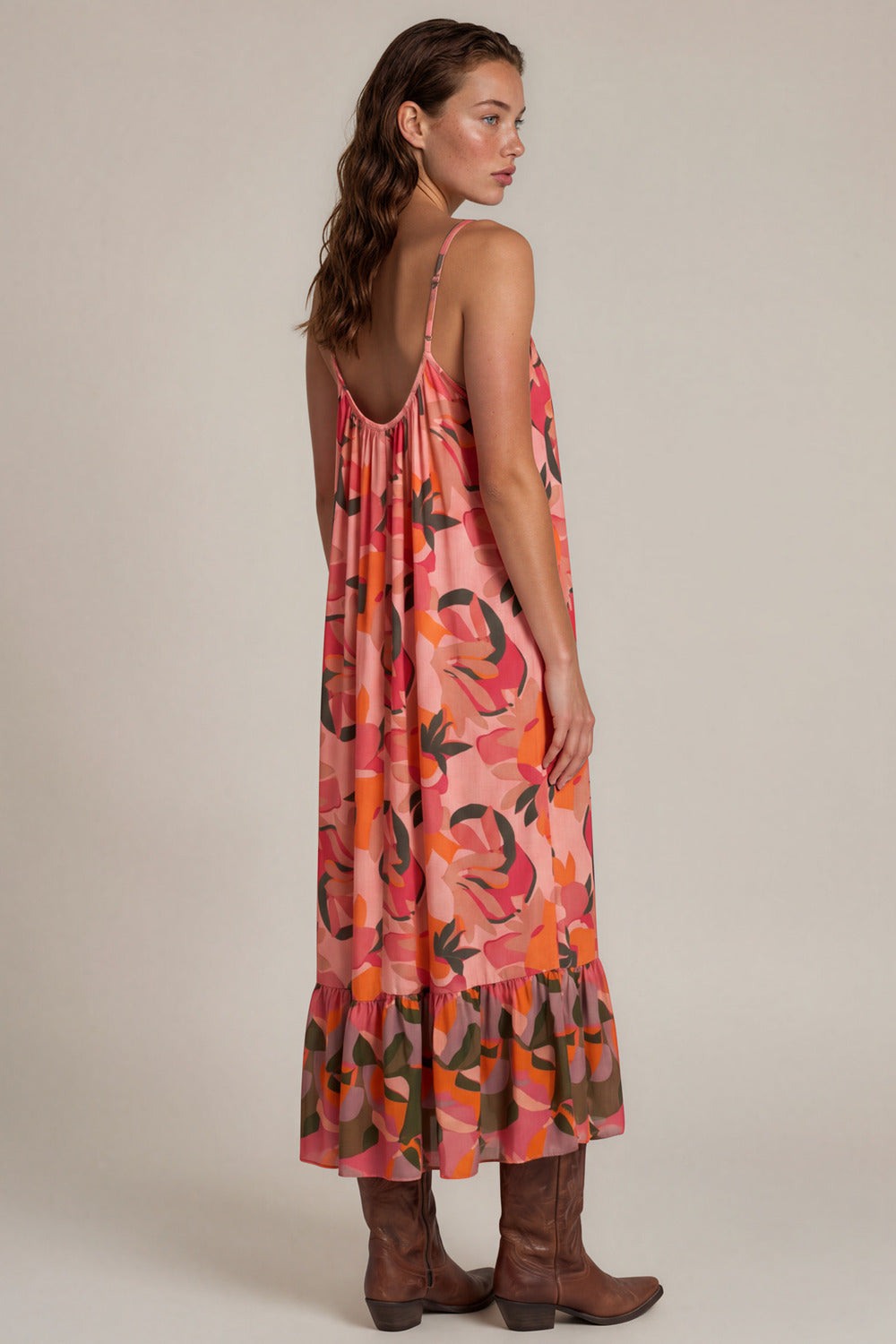 Vestido Midi Com Alças Reguláveis Rosa Estampado Yacamim E21