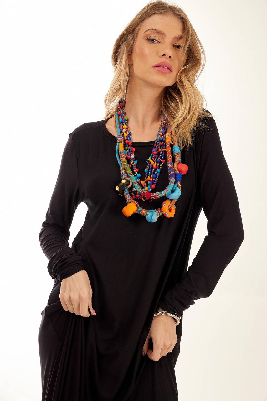 Yacamim Black Basic Long Dress with Slim Long Sleeves