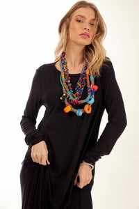 Yacamim Black Basic Long Dress with Slim Long Sleeves