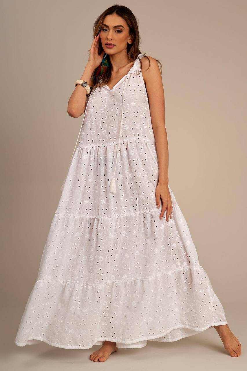Yacamim D1 White Broderie Sleeveless Long Dress