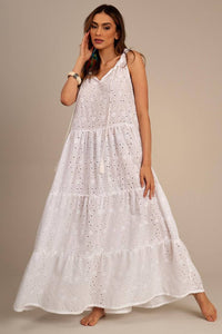 Yacamim D1 White Broderie Sleeveless Long Dress