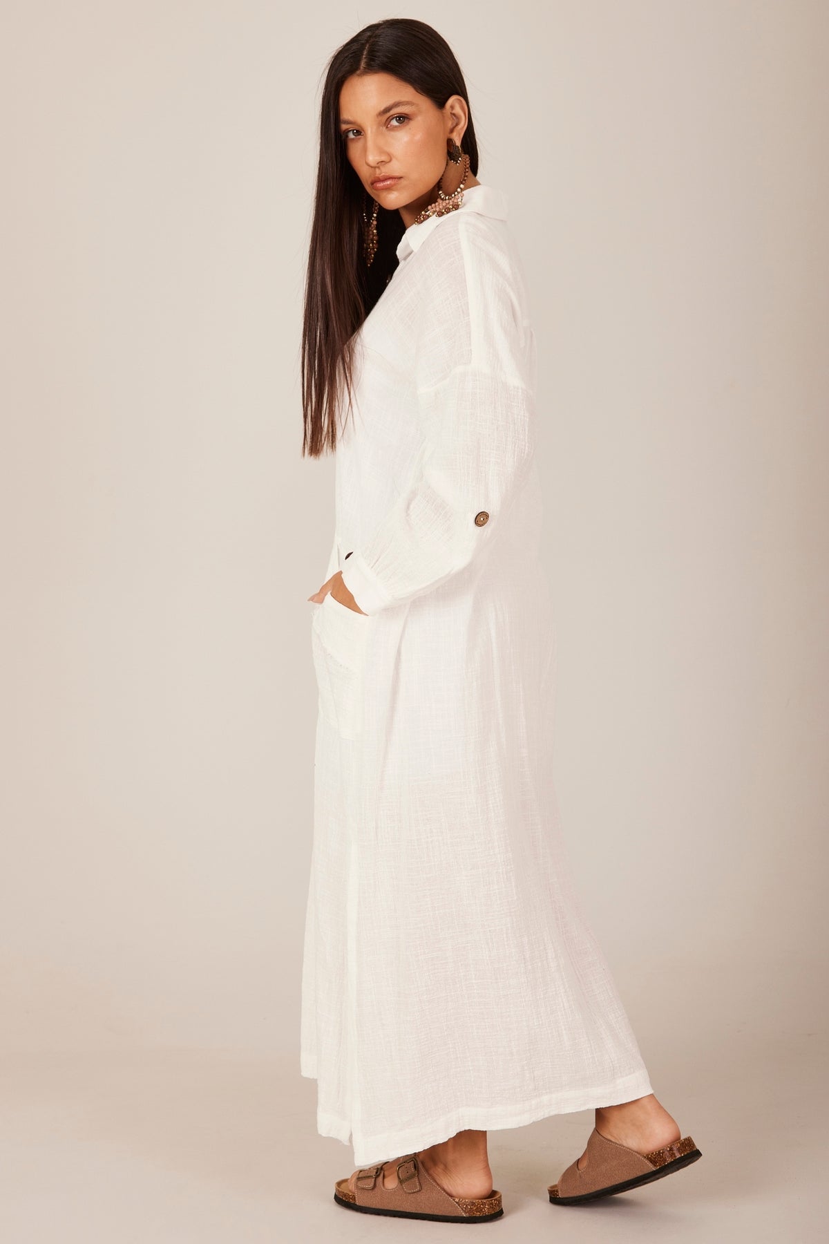 Yacamim Women's White M1 Plain Long Sleeve Slit Midi Dress
