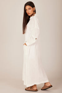 Yacamim Women's White M1 Plain Long Sleeve Slit Midi Dress