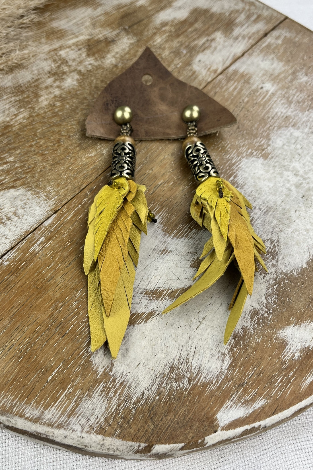 Handcrafted Yellow Leather Earring with Embossed Metal Yacamim #159