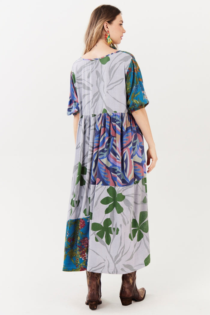 Light Gray and Blue Patchwork Midi Dress Yacamim C4