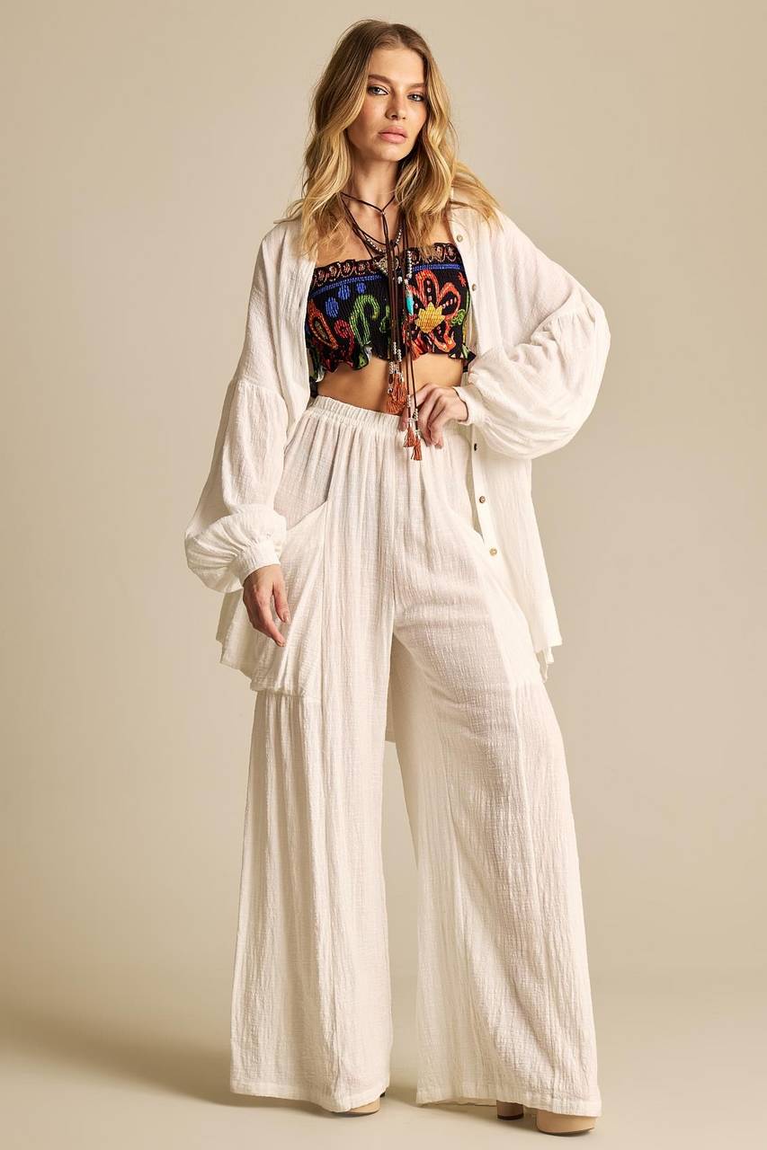 White Yacamim Wide-Leg Pants with Elastic Waistband A9