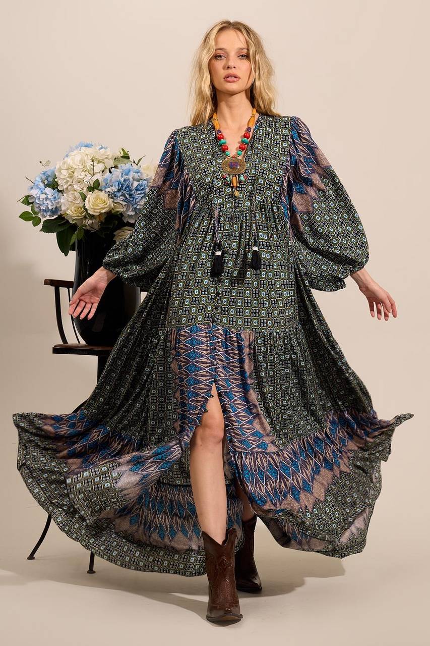 Yacamim Green Patchwork Long Shirt Dress with Puffed Long Sleeves
