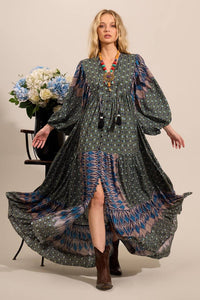 Yacamim Green Patchwork Long Shirt Dress with Puffed Long Sleeves