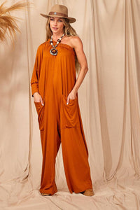 Yacamim Orange One-Shoulder Jumpsuit with Pockets