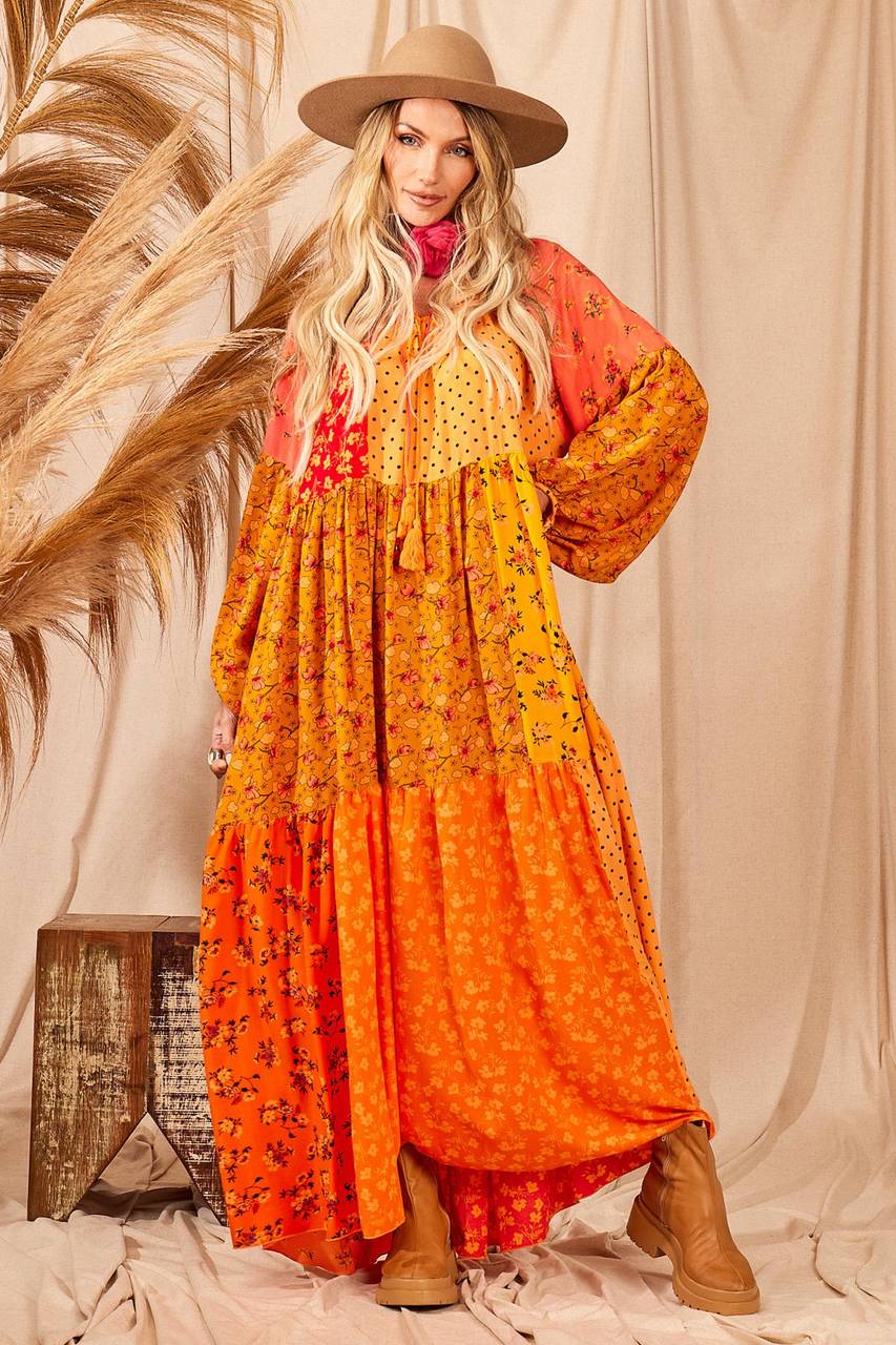 Long Dress With Puffy Long Sleeves Patchwork Yacamim D10