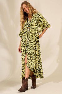 Yacamim C1 Printed Green Long Dress With 3/4 Wide Sleeves