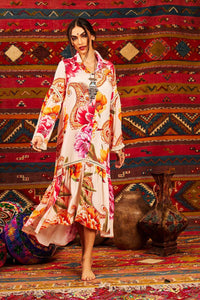Yacamim Beige Cashmere Print Midi Shirt with Flared Long Sleeves