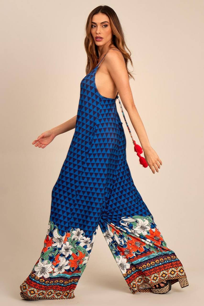 Yacamim O6 Blue and Black Geometric Print Jumpsuit with Pockets