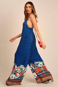 Yacamim O6 Blue and Black Geometric Print Jumpsuit with Pockets