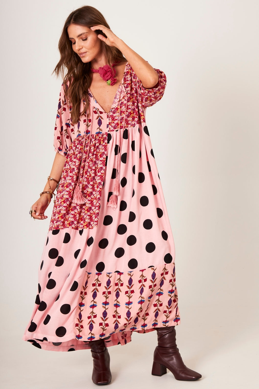 Light Pink Polka Dot Patchwork Midi Dress Yacamim E26