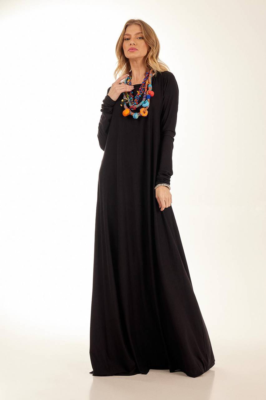 Yacamim Black Basic Long Dress with Slim Long Sleeves