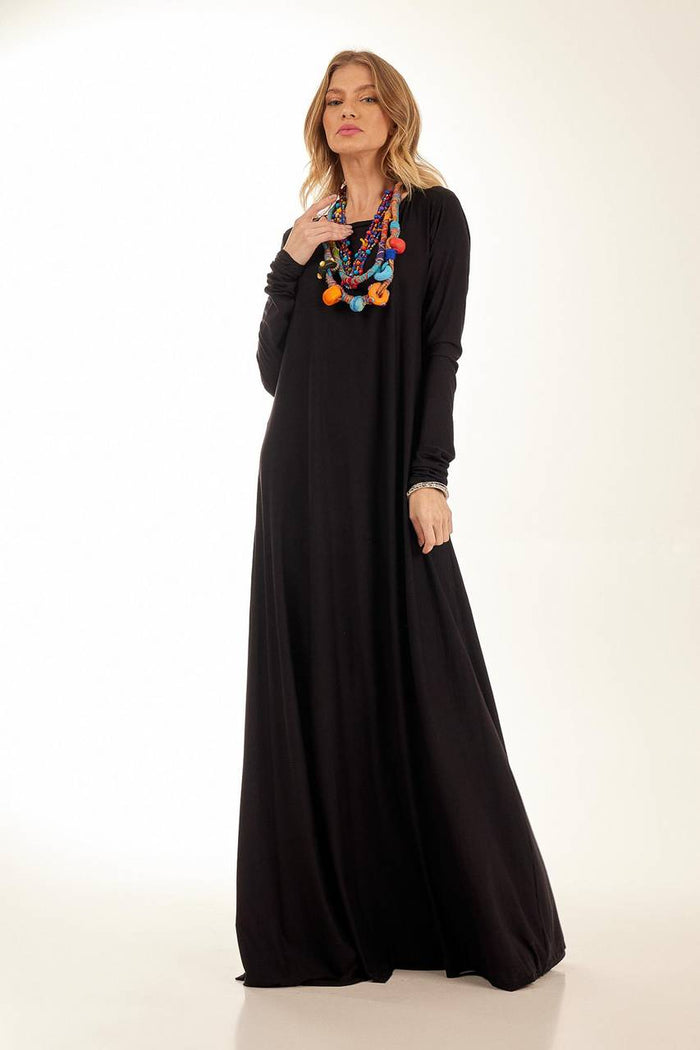 Yacamim Black Basic Long Dress with Slim Long Sleeves