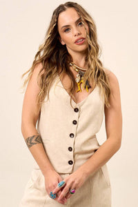 Yacamim A21 Beige Viscose-Linen Vest with Coconut Buttons